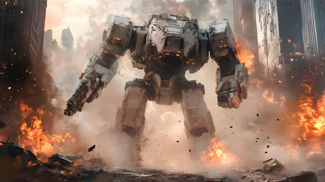 A colossal mech stomps through a burning cityscape, its metallic form a stark contrast to the fiery chaos, amidst a smoky haze and crumbling buildings.