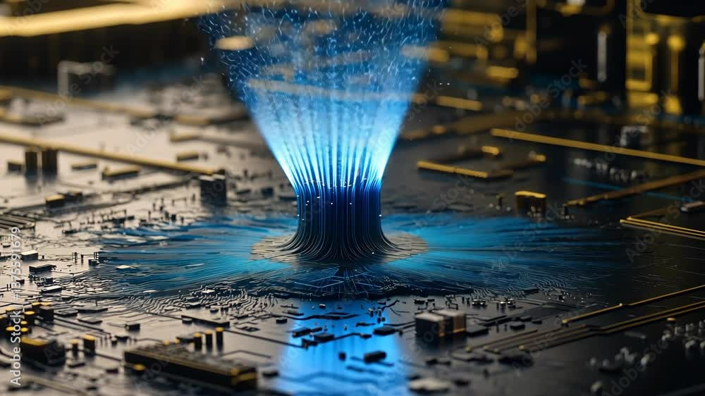 Poster advanced technology creates dynamic blue energy on a circuit board in a modern digital environment