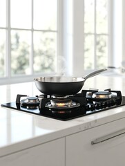 Cooking on a Gas Stove with Frying Pan in Bright Kitchen