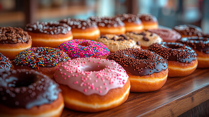 Assorted colorful glazed donuts displayed on wooden tray

