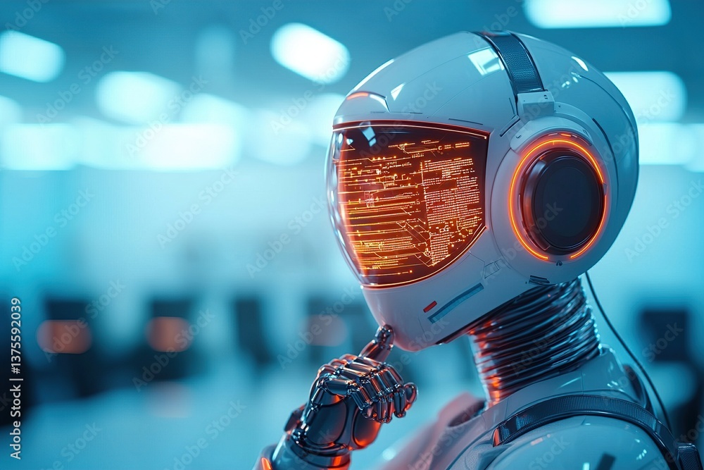 Poster futuristic robot with a glowing visor contemplating in a high-tech environment.