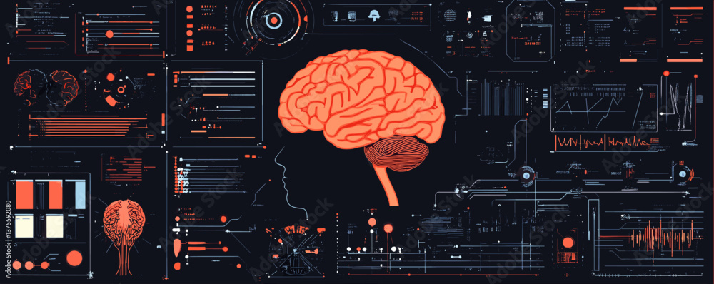 Poster futuristic brain interface with data elements and graphics in profile view - vector.