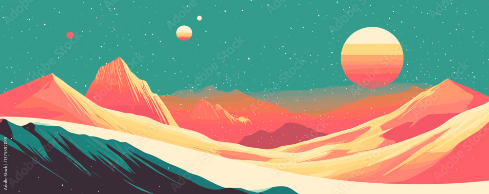 Poster surreal landscape with colorful mountains and planets in outer space - vector.