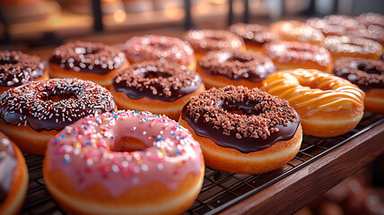 Assorted colorful glazed donuts displayed on wooden tray

