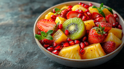 Fresh fruit bowl with kiwi, pineapple, strawberries, and pomegranate