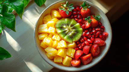 Fresh fruit bowl with kiwi, pineapple, strawberries, and pomegranate