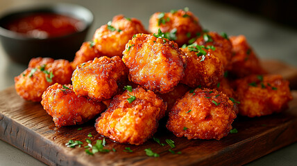 Crispy golden fried chicken bites served on wooden board