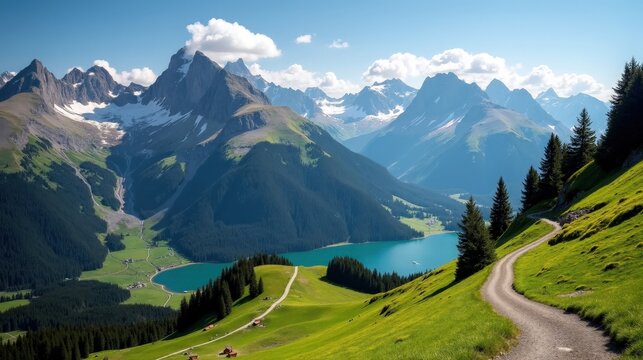 A professional photo of Susten Pass, Switzerland, at midday with sunny conditions. The ordinary perspective captures the warmth of the landscape with clear skies.