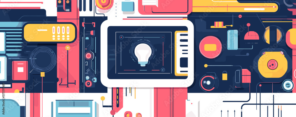 Poster futuristic technology interface with light bulb display and circuit elements design - vector.