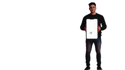 Man in black shirt holding a large tablet with a white screen against a black background in a studio