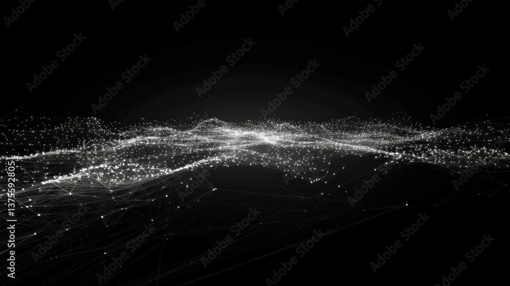 Poster black abstract network background with glowing points and lines.