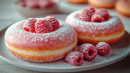 Fresh donuts dusted with powdered sugar and topped with raspberries