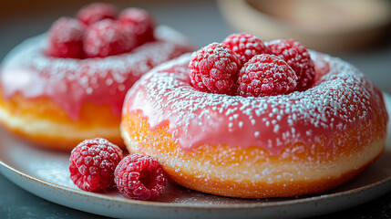 Fresh donuts dusted with powdered sugar and topped with raspberries