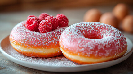 Fresh donuts dusted with powdered sugar and topped with raspberries