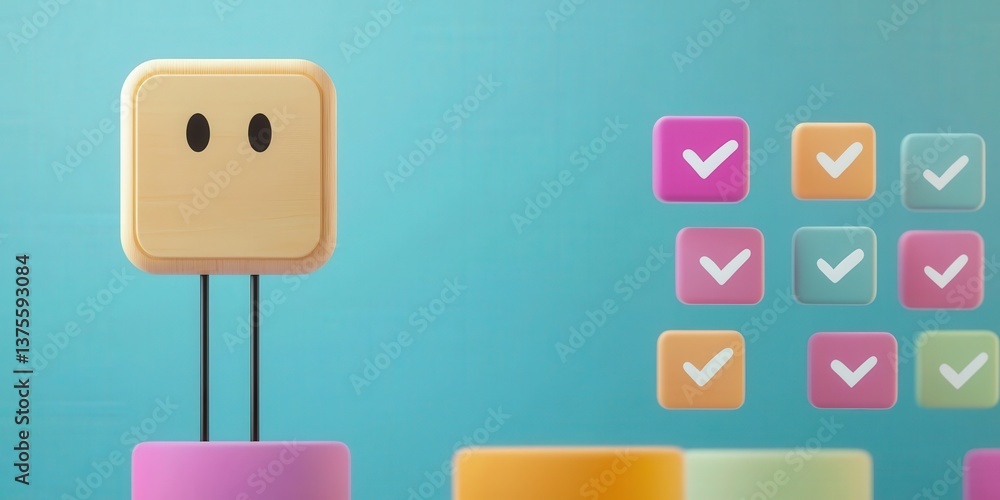 Poster legislation policy enforcement concept. cheerful character with checkmarks on colorful blocks.