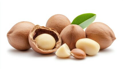 Fresh Macadamia Nuts in Shell and Shelled Displayed with Leaf on White Background