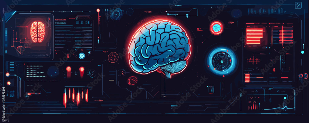 Poster futuristic brain interface with data visualizations and neural connections – vector.