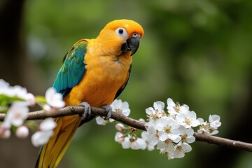 Fototapeta premium A golden-hued parrot poses among delicate blossoms, epitomizing the beauty of nature in vivid colors that captivate and inspire anyone observing this majestic creature.