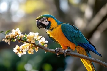 A colorful macaw perched effortlessly on a branch with stunning flowers, showcasing its bright feathers under the gentle sunlight of a beautiful day in nature.