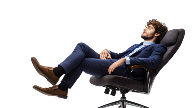 Man in a suit reclining in an office chair with his eyes closed against a black background in a studio