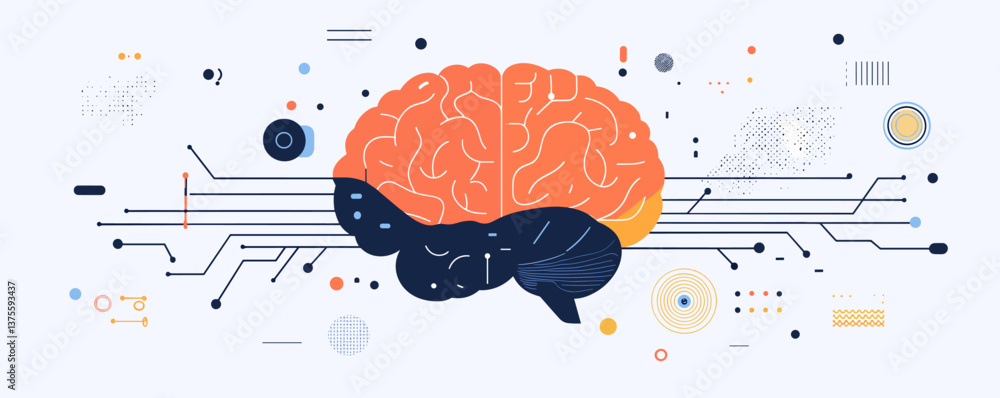 Poster abstract brain and circuit elements representing technology and intelligence concept - vector.