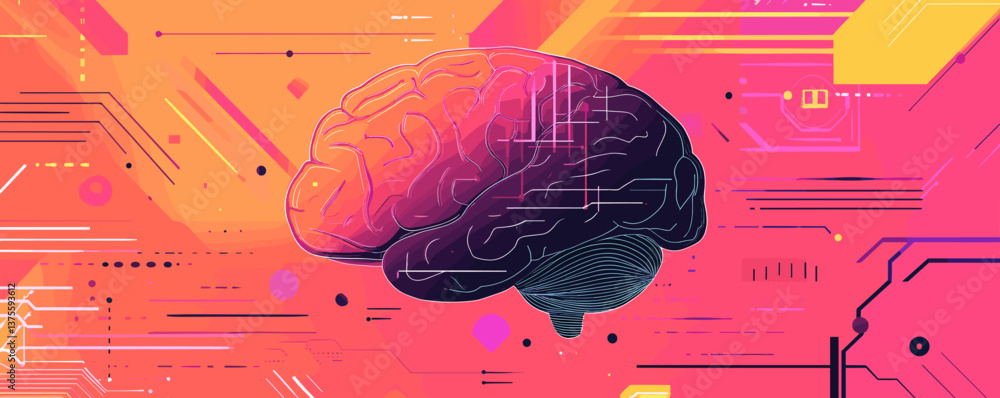 Poster futuristic digital brain on abstract geometric background with circuit elements - vector.