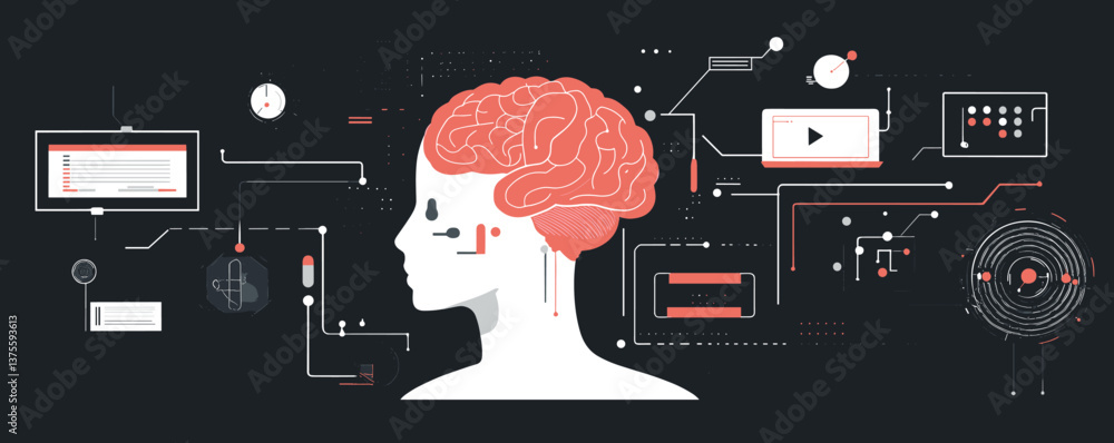 Poster abstract human brain with technology interface and circuit diagrams - vector.