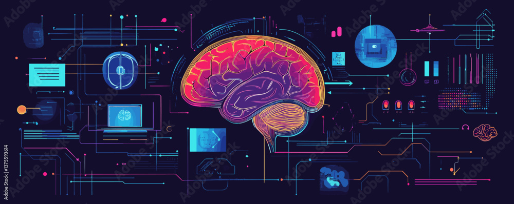Poster futuristic brain interface with digital connections and data elements - vector.