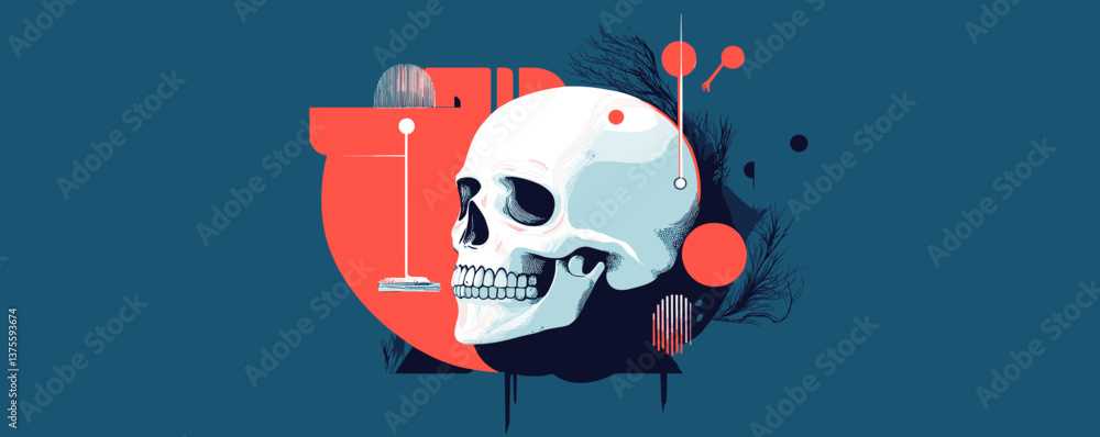 Poster abstract skull art with geometric elements and bold colors on dark background - vector.