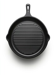 Black Cast Iron Grill Pan Isolated on White Background Top View