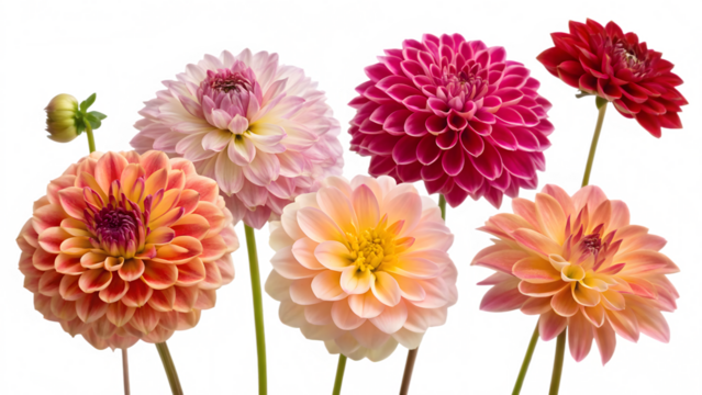 Realistic dahlia flower PNG collection with transparent background for floral-inspired digital designs, print projects, and advertising graphics.set of flowers