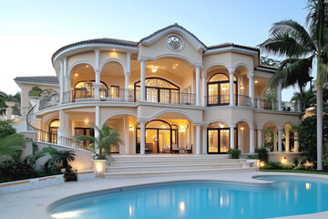 Elegant luxury mansion with pool surrounded by tropical palm trees and twilight glow