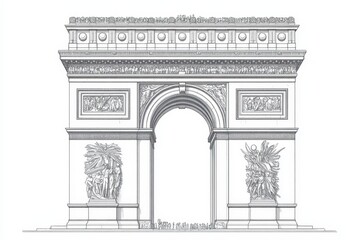 Frontal view of the Arc de Triomphe highlighting its architectural grandeur and detailed sculptures, Arc de Triomphe Frontal View