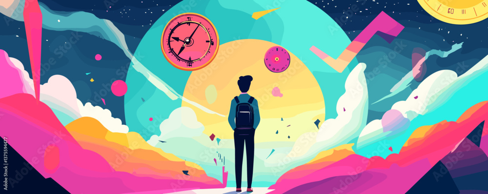 Poster surreal landscape with backpacker and floating clocks under a starry sky - vector.