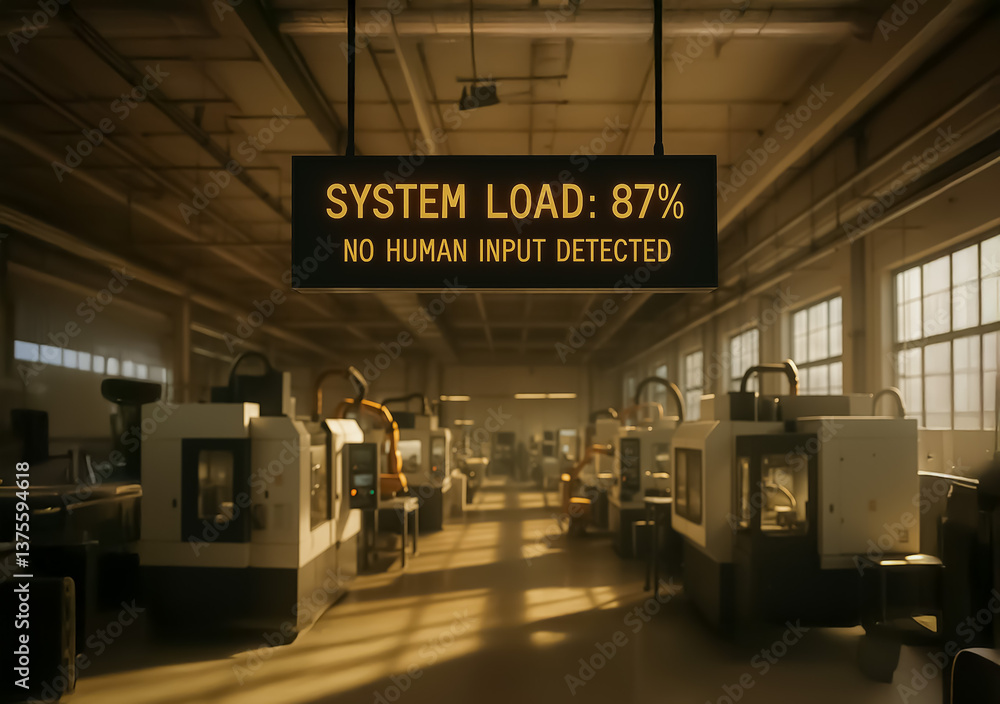 Aufkleber production line in a bright factory monitored by a digital sign showing high system load and absence