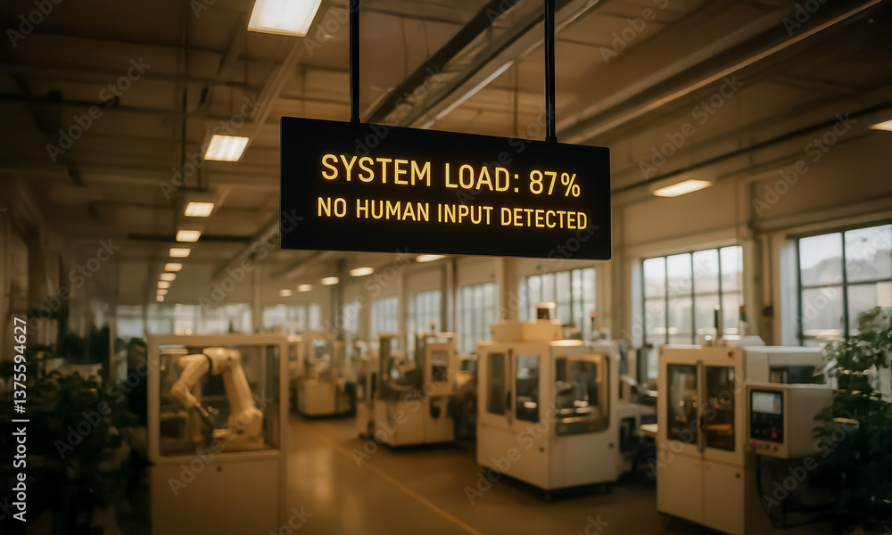 Poster industrial workspace filled with machines operating autonomously under system load conditions, indic