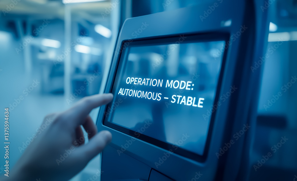 Poster touchscreen panel displaying 'autonomous – stable' operation mode in a high-tech manufacturing setup