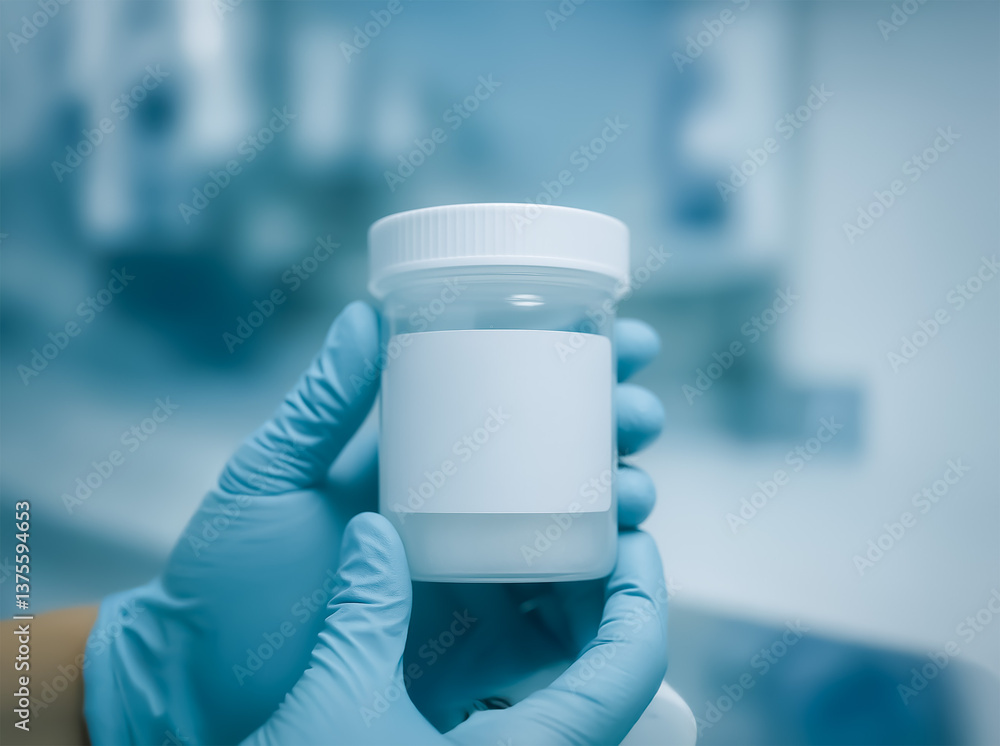 Poster sterile gloved hands handling a sealed container of bio-compound x-42 in a controlled lab environmen