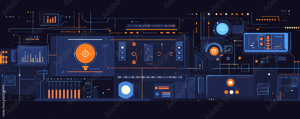 Poster futuristic control panel interface with digital data elements and hud graphics - vector.