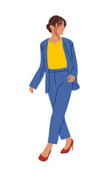 Fototapeta premium Business woman walking side view. Pretty lady boss in formal office outfit, blue suit and red high heels. Vector flat illustration isolated on transparent background