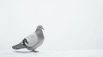 Fototapeta premium A pigeon standing on a snowy surface. The pigeon is facing to the left of the frame and looking at the camera. The background is a blur of white snow.