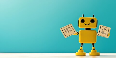 Fototapeta premium legislation policy enforcement concept. Cheerful robot holding cards against a colorful background.