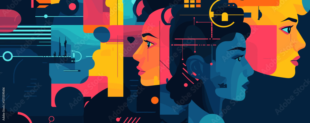 Poster abstract colorful profiles with futuristic elements and geometric shapes - vector.