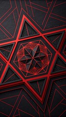 Geometric Star: A mesmerizing, high-contrast image of a geometric star, intricate design with a bold red outline, set against a dark background, showcasing precision and abstract art.
