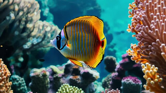 Chaetodon lunulatus butterflyfish swimming gracefully in a vibrant coral reef habitat, Chaetodon Lunulatus Oval Butterflyfish in coral reef of Australia ocean nature