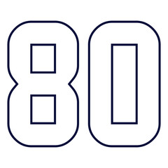 80 number classic american, college style font. Uniform letter in black with a black outside contour line. Vintage sport font.For jersey, t-shirt, basketball, baseball, football. Isolated vector