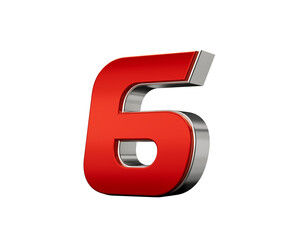 Metallic Red number 6 Six with silver edges . 3d illustration