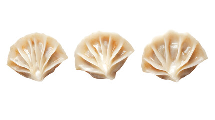 A close up shot of three dumplings arranged in a row on a plain black background in a studio setting