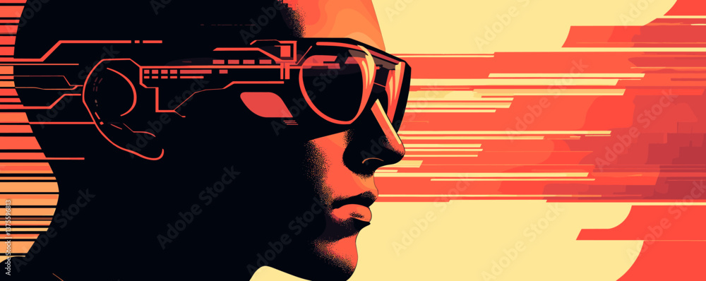 Poster futuristic cyberpunk portrait of person in sunglasses with circuit pattern, side view - vector.