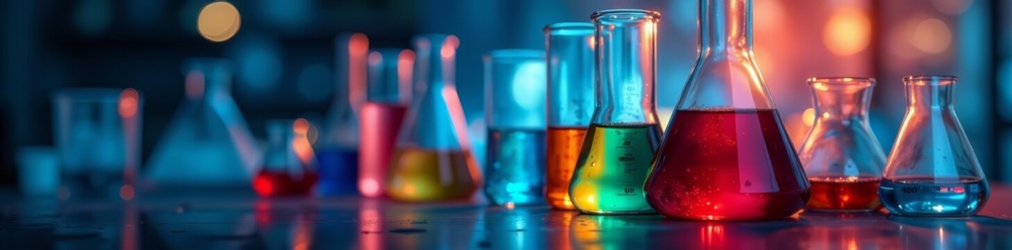 Close up of test tubes and beakers with various solutions on periodic table backdrop, data analysis, science experiment, scientific research